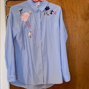 An express blue button down with flower embroidery